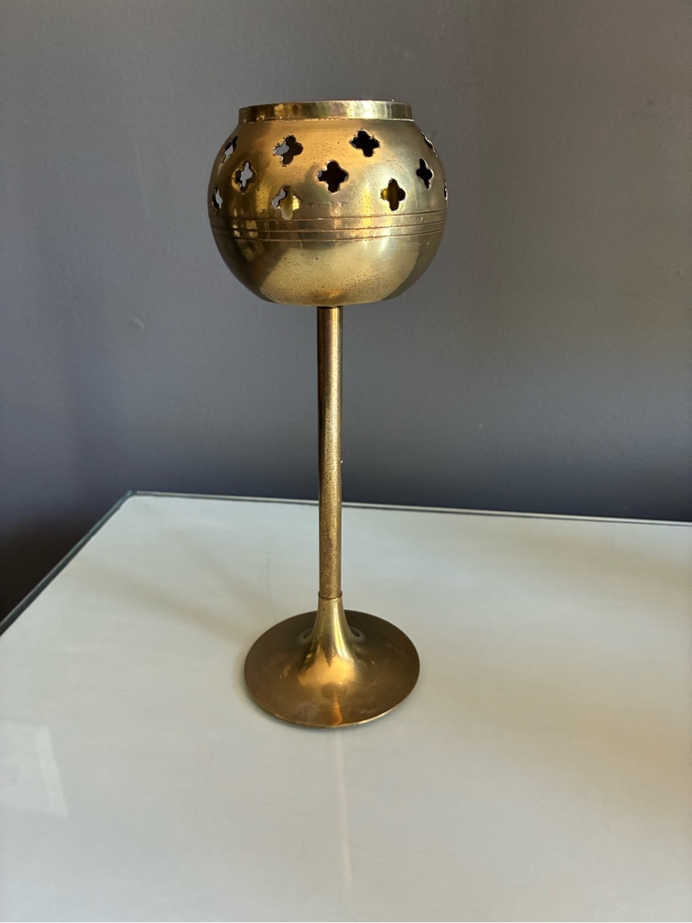 Vintage Brass Candle Holder with Cutout Pattern - Gold Finish
